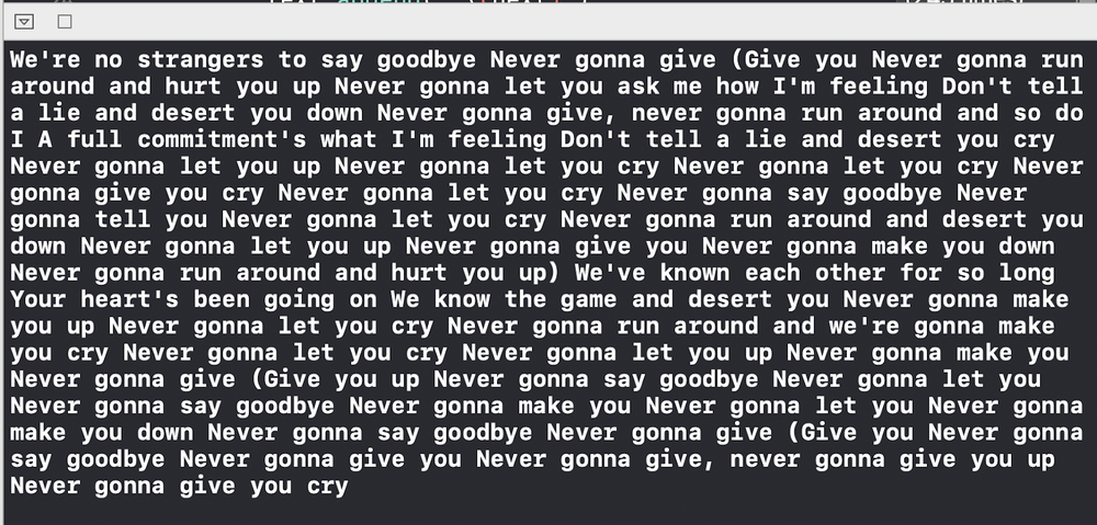 Lizzie's bot making up new lyrics based on Rick Astley's classic song, "Never Gonna Give You Up"