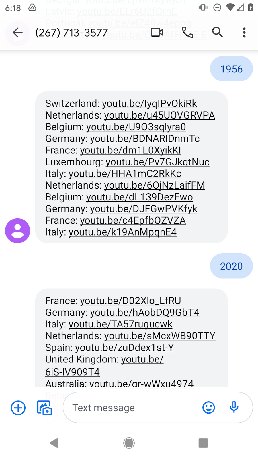 SMS messages from the app with YouTube links for performances for the requested year