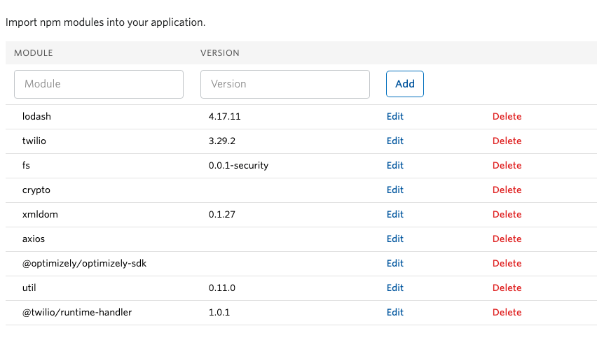 screenshot of the module dependencies and versions required for the Twilio Function configuration