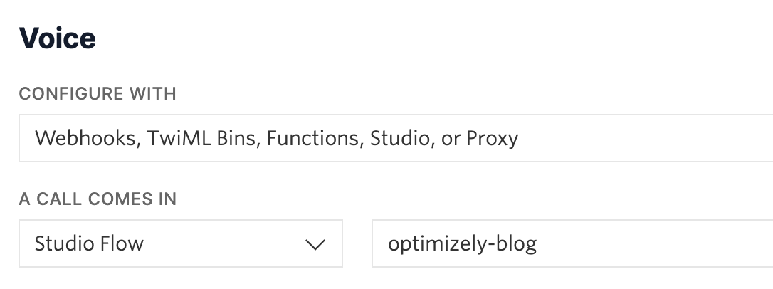 screenshot of the settings page for the Twilio phone number's Voice configuration with Studio Flow