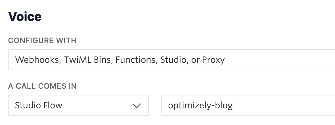 screenshot of the settings page for the Twilio phone number&#x27;s Voice configuration with Studio Flow