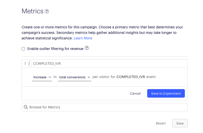screenshot of the metrics page for the Optimizely A/B test configuration page