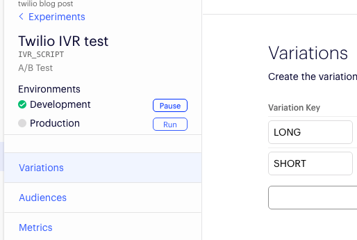 screenshot of the Variations settings for the Twilio IVR test within Optimizely&#x27;s dashboard