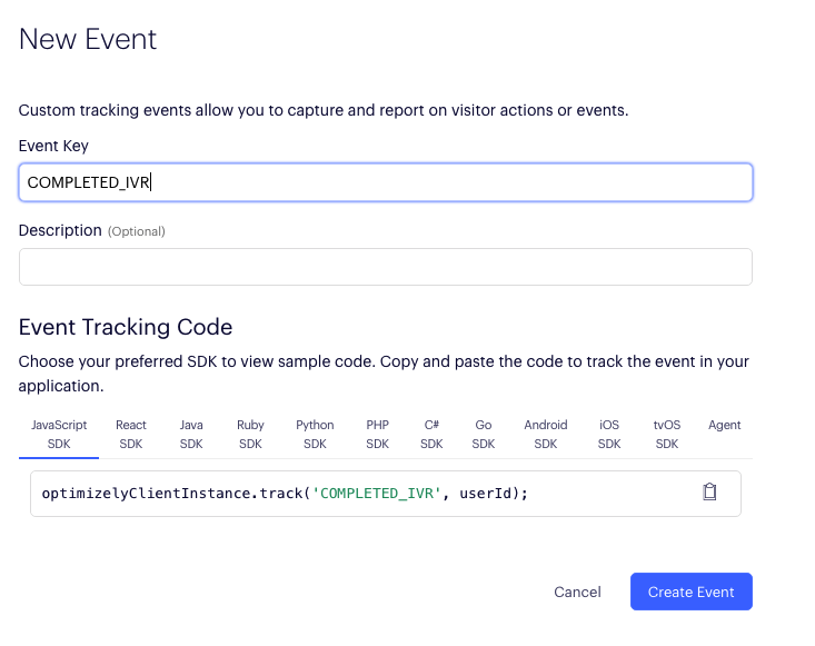 screenshot of the new event creation page with event key, description, and event tracking code input