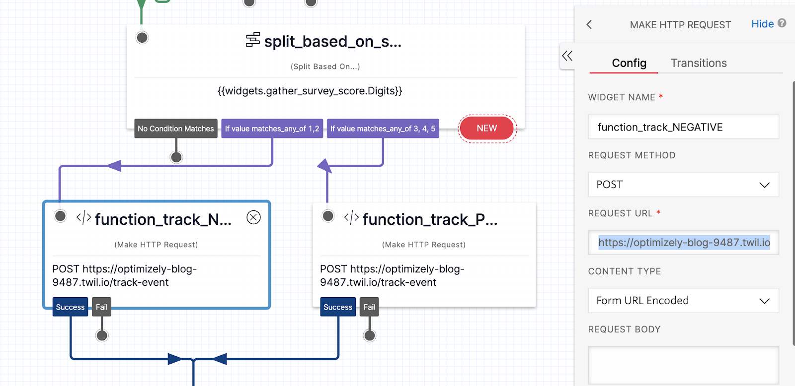 screenshot of some widgets on the Twilio Studio workflow with a window opened to change the settings for the request URL in the configuration window