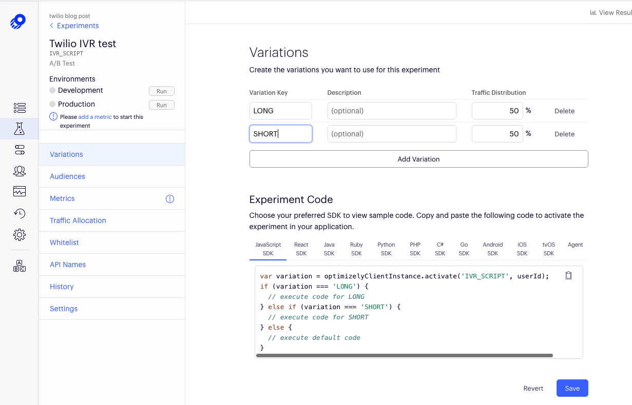 screenshot of Optimizely A/B Test experiment dashboard&#x27;s Variations page