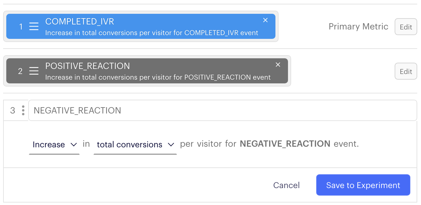 screenshot of the positive and negative reaction metrics for the experiment