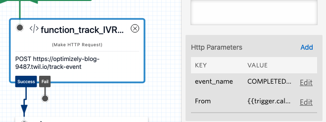 screenshot of the function track IVR widget in the Twilio Studio workflow with the Http parameters settings window