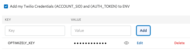 screenshot of the Optimzely SDK key being added to the Twilio Function settings tab