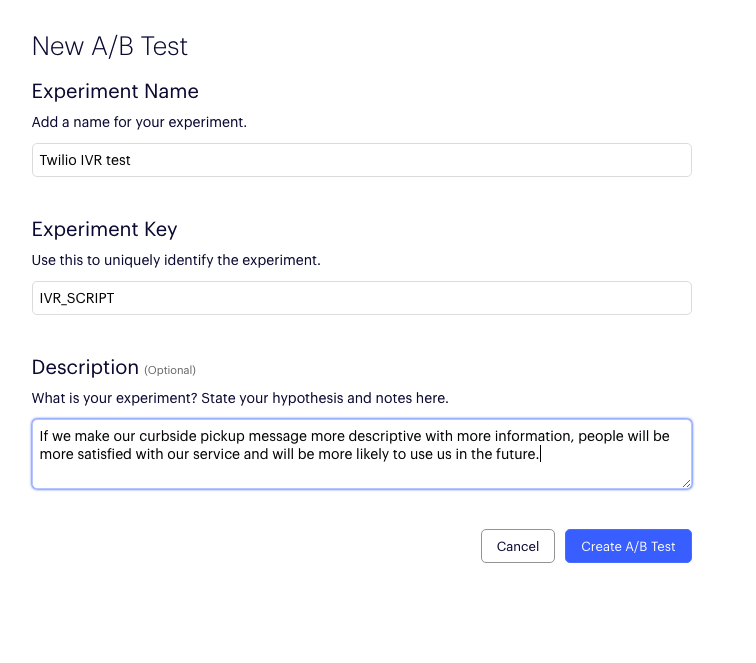 input experiment name, experiment key, and description for the new A/B test project