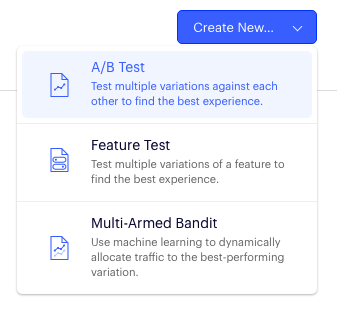 screenshot of the dropdown to select "A/B Test" type of Optimizely project