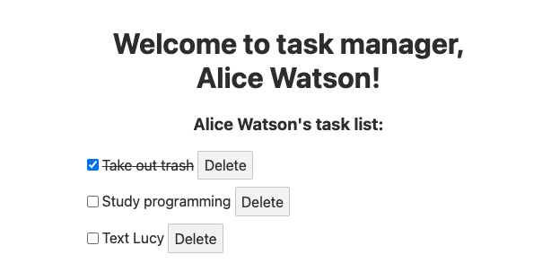 The rendered ToDoList component lists 3 tasks. Each task in the list has a checkbox, a task description and a delete button. The first task checkbox is checked and the task description is striking-through.