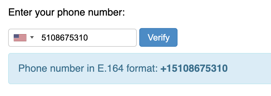 Phone number input field with a verify button and a success message that says "Phone number in E.164 format: +15108675310"