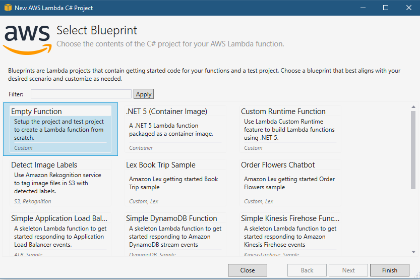 AWS project Blueprint selection panel
