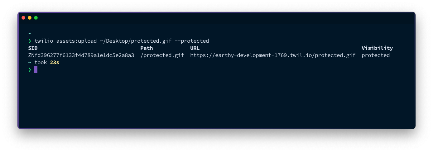 A view on the terminal. The command `twilio assets:upload ~/Desktop/protected.gif --protected` has been run and the result shows the Asset SID, path, URL and visibility, which is protected..