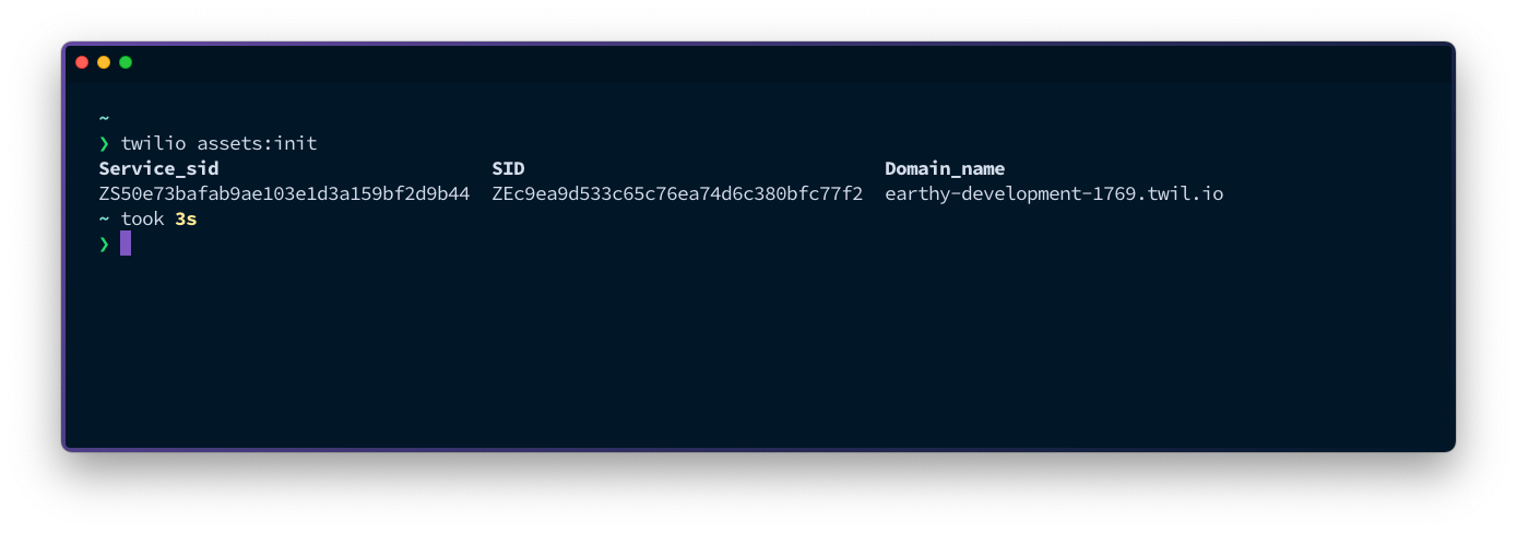 A view on the terminal. The command `twilio assets:init` has been run and the result shows the Service SID, environment SID and domain name