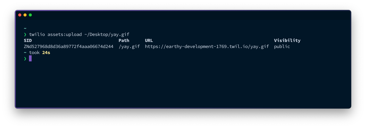 A view on the terminal. The command `twilio assets:upload ~/Desktop/yay.gif` has been run and the result shows the Asset SID, path, URL and visibility.