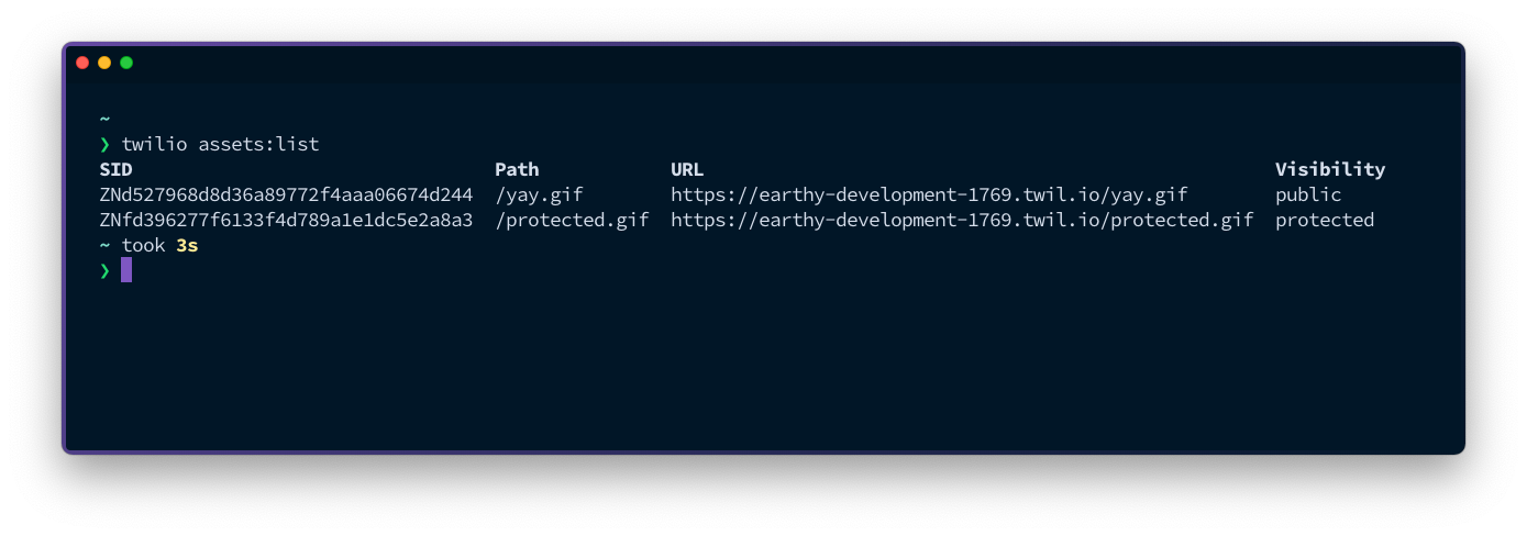 A view on the terminal. The command `twilio assets:list` has been run and the result shows the previous two assets that were uploaded.