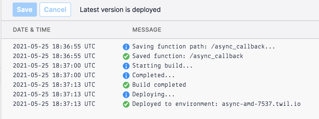 Twilio Function logs after you deploy