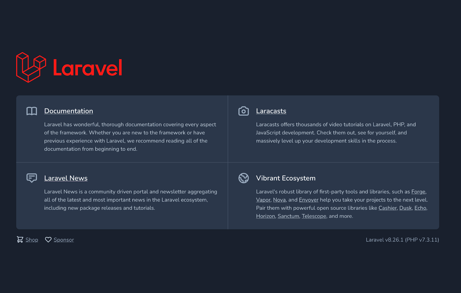 The Laravel home page (in version 8)