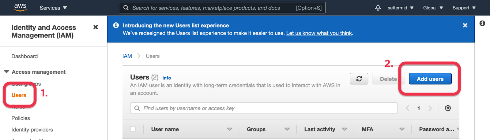 Add new user in the AWS IAM console