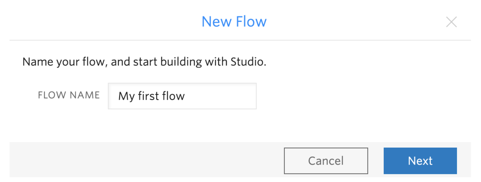 Studio flow pop-up to enter the name of the flow
