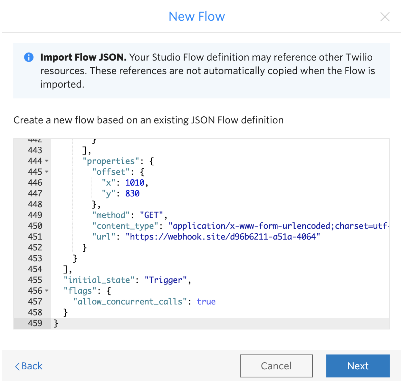 JSON flow definition box to copy and paste code
