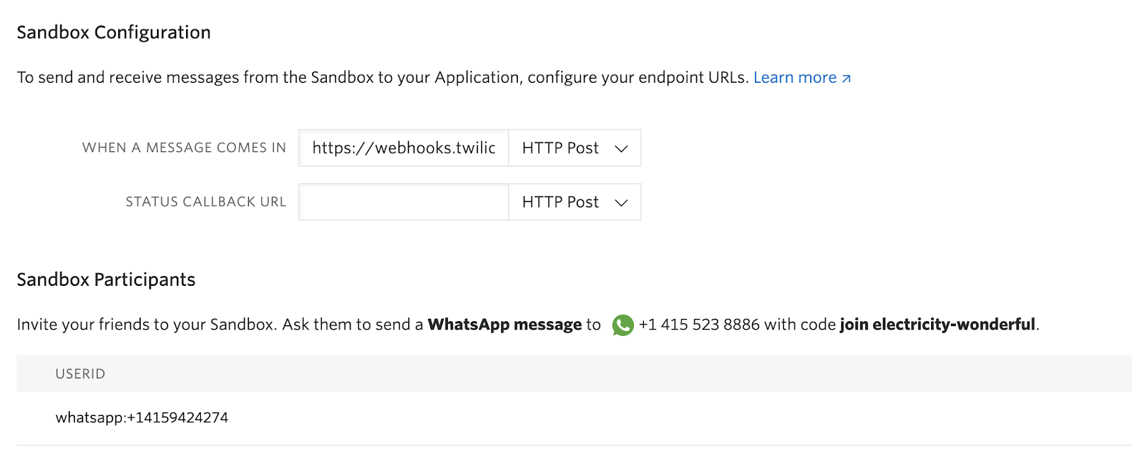 WhatsApp Sandbox configuration page