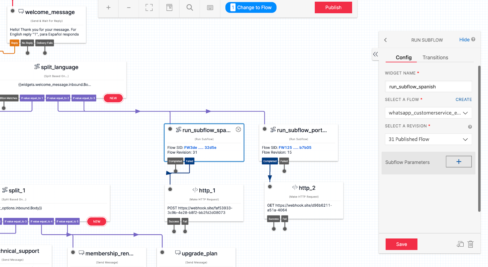 Twilio studio configuration page for subflows