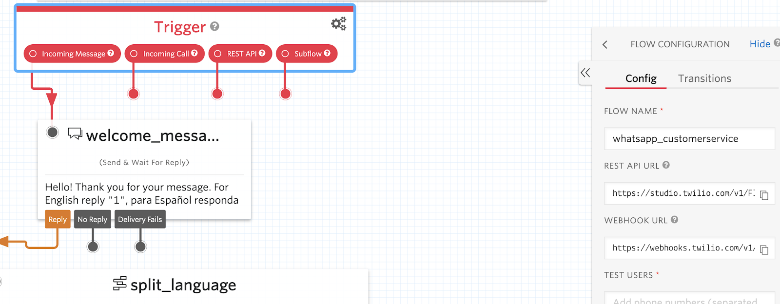 Twilio Studio webhook configuration page