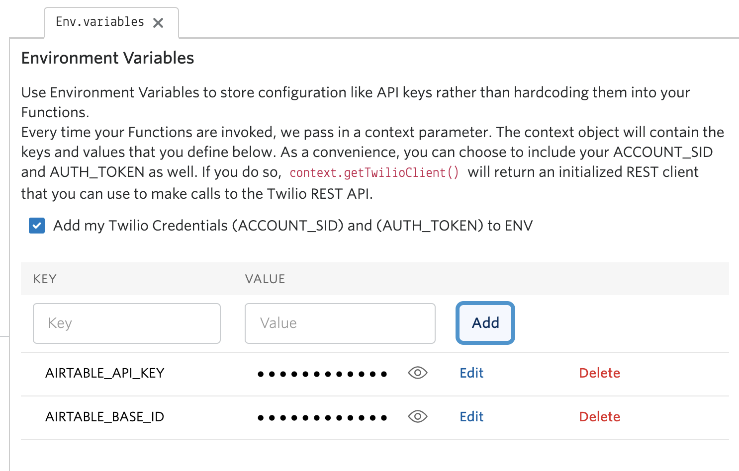 screenshot of what the environment variables page looks like in Twilio Serverless and where you should put your Airtable credentials