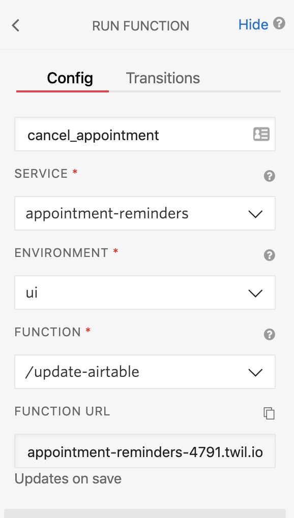 Screenshot of what the Run Function widget should look like with the service, environment, and Function selected.