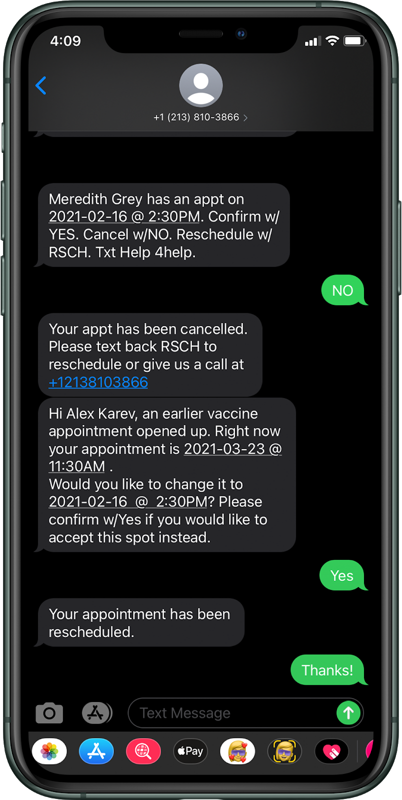 image of an iPhone with examples of text messages that will come through when the vaccine appointment reminder is set up.