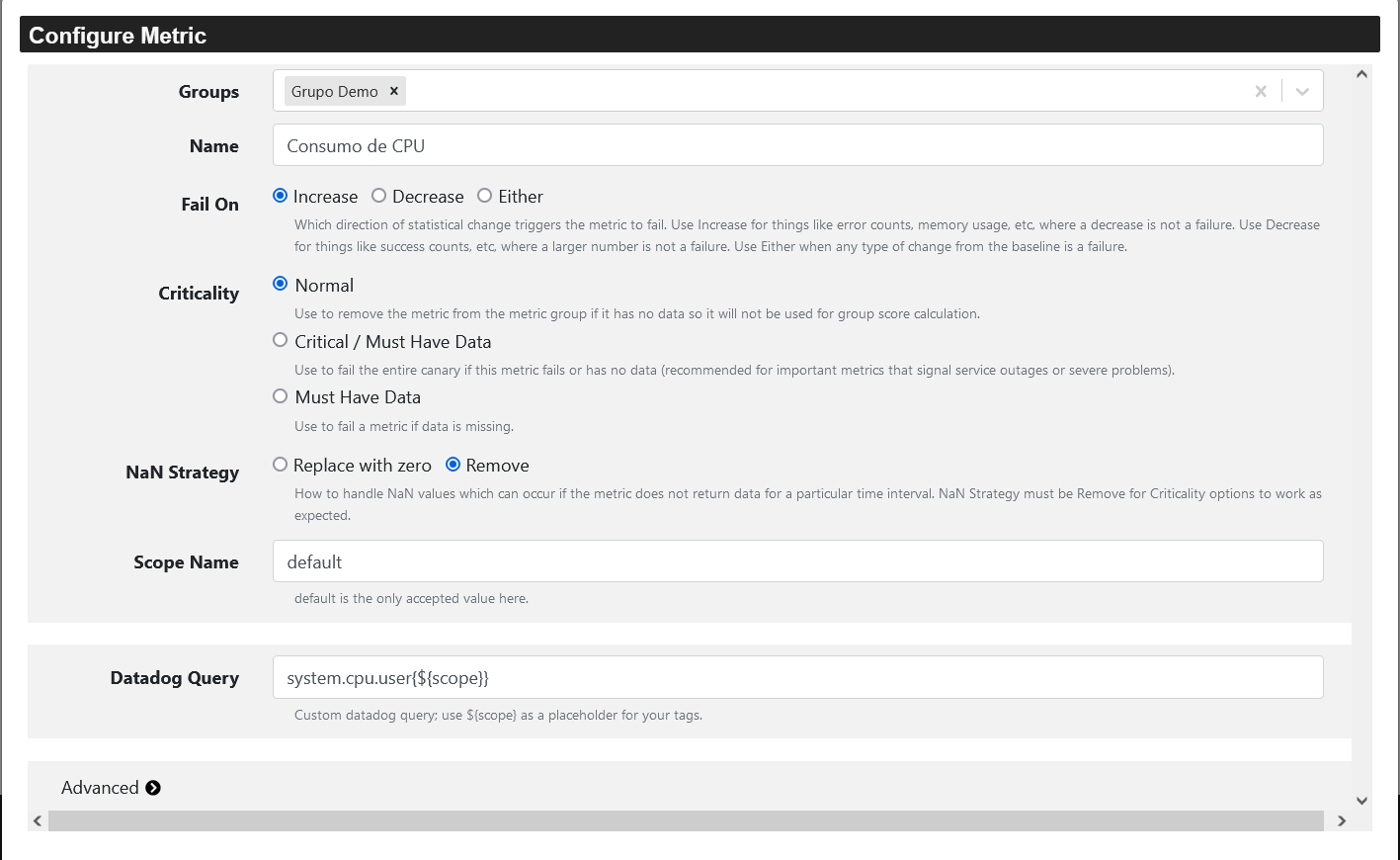 dashboard to configure metrics for "grupo demo" with the name "consumo de CPU"