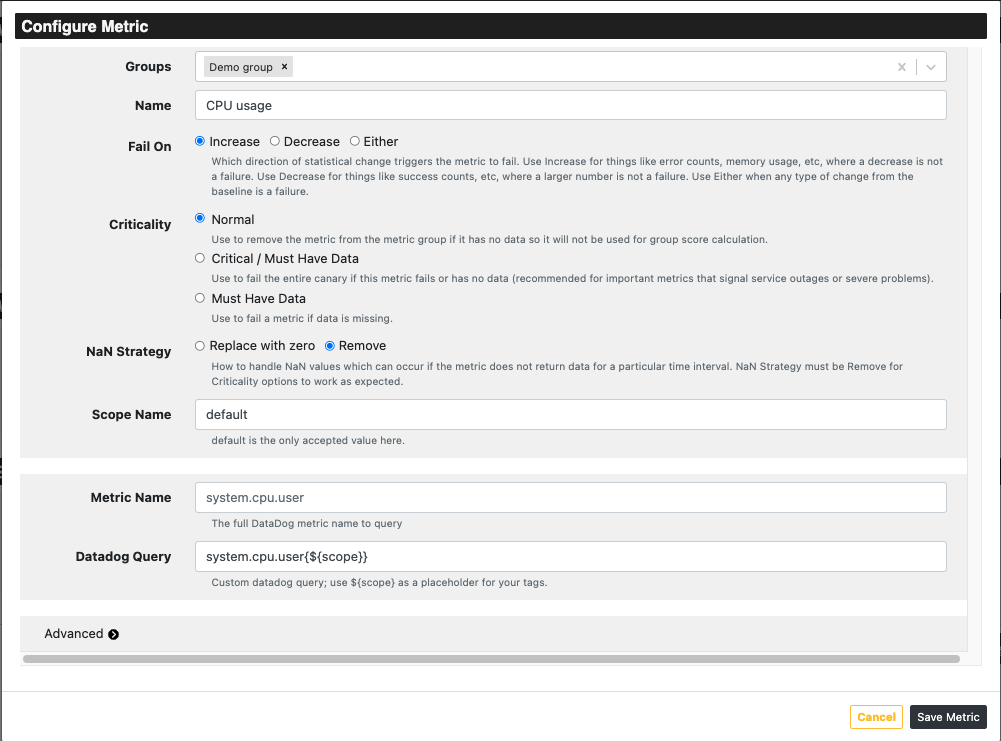 screenshot of the referee configure metric page