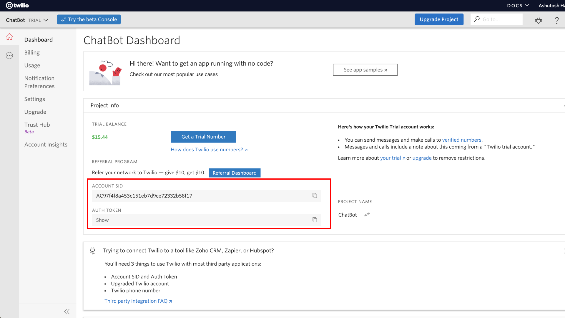 A screenshot of the Twilio Console showing where to locate the Account SID and Auth token