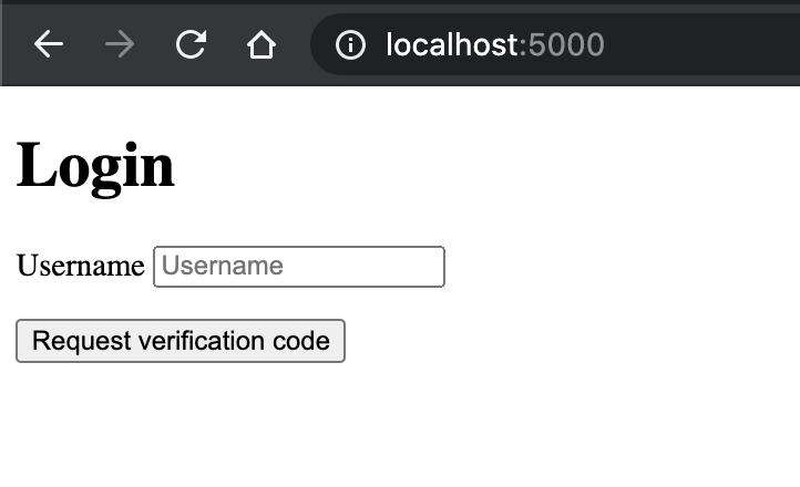Login screen of the Flask webapp asking for Username and button that says "Request verification code"