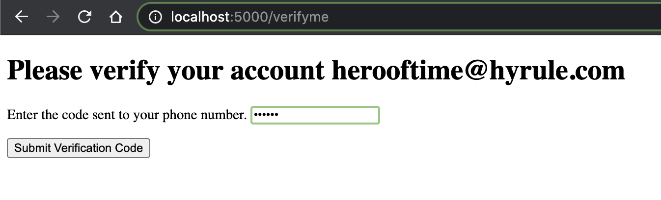 screenshot asking the user with given email to enter and submit the verification code