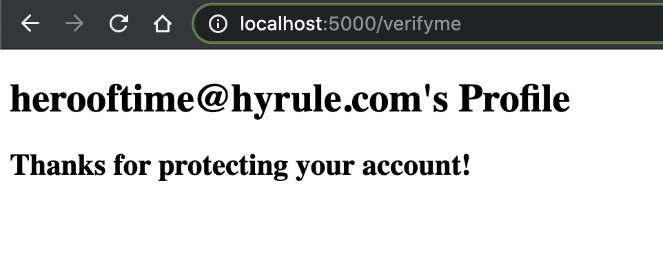Successful message for the user with the email "herooftime@hyrule.com" and thank you message