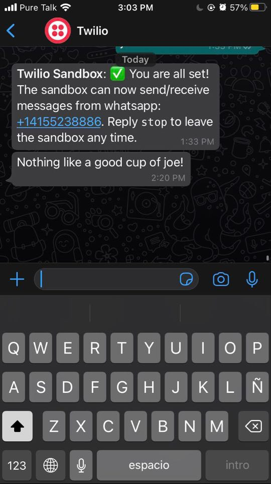 screenshot of the WhatsApp message sent with Java