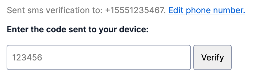 one time passcode form field with link to edit the phone number