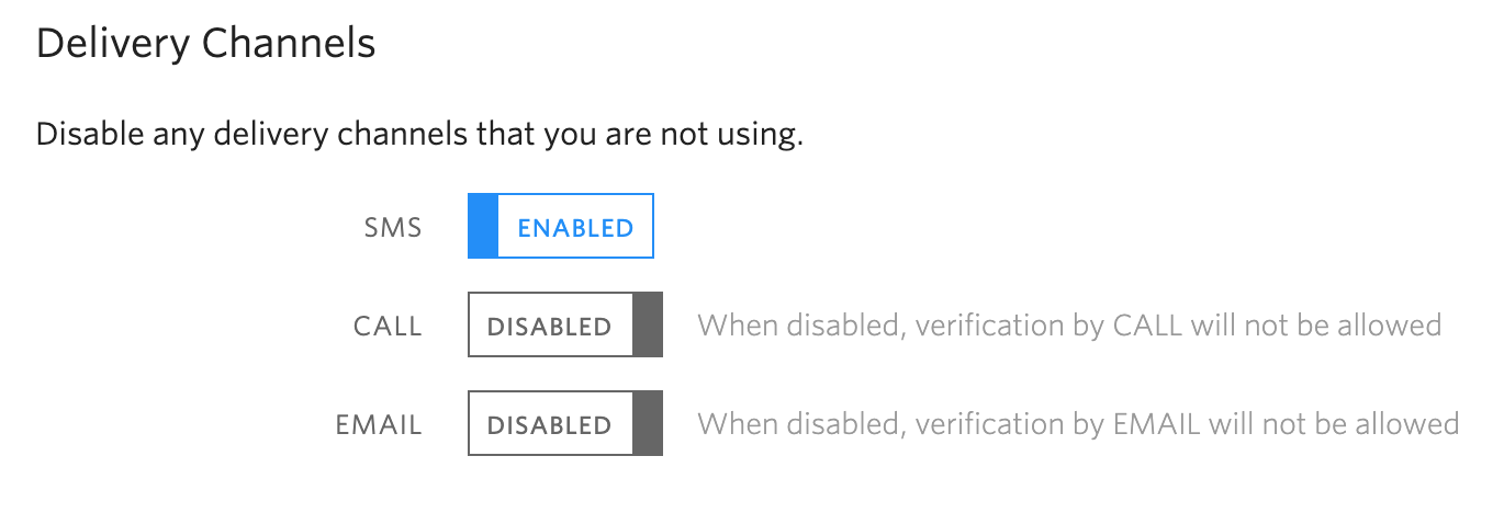 twilio verify console showing disabled call and email channel toggles