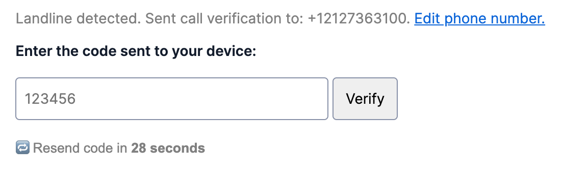 one time passcode input field with a message that says "landline detected. sent call verification"