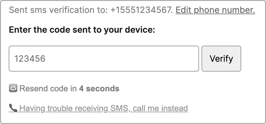 one time passcode input field with a grayed out resend code message and a clickable link that says "having trouble receiving SMS, call me instead"