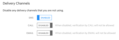 twilio verify console showing disabled call and email channel toggles