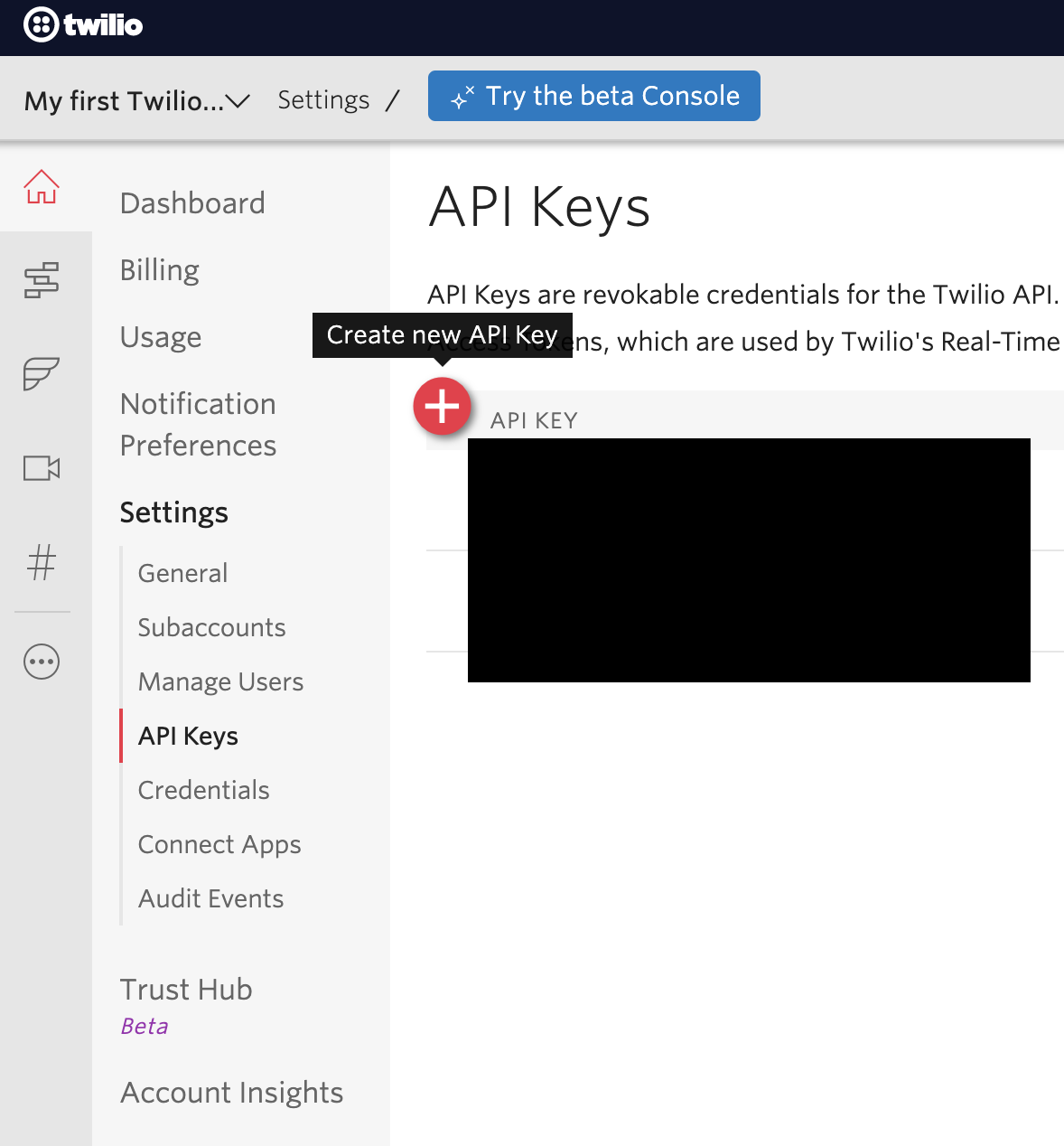Twilio console, showing navigation to API Key generation page: Dashboard > Settings > API Keys