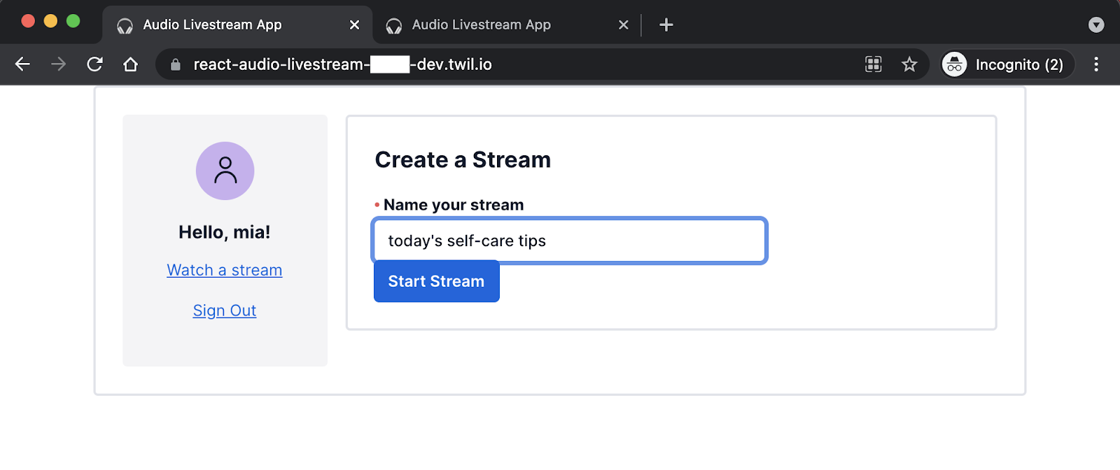 "Create a stream" page, with "today&#x27;s self care tips" entered as the stream name