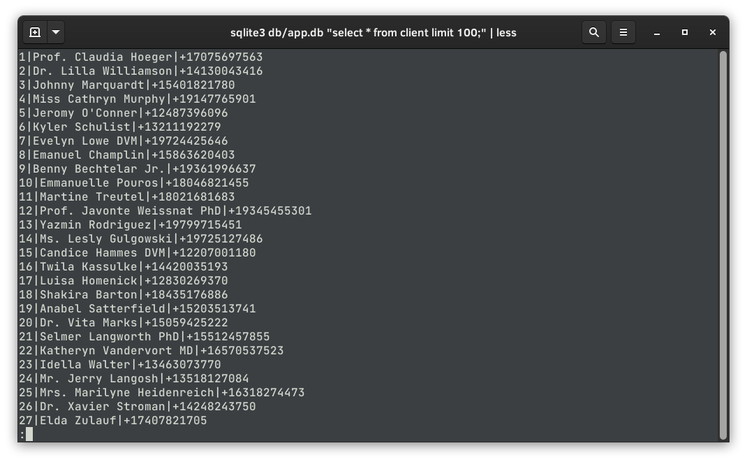 Listing the seeded user records in the terminal