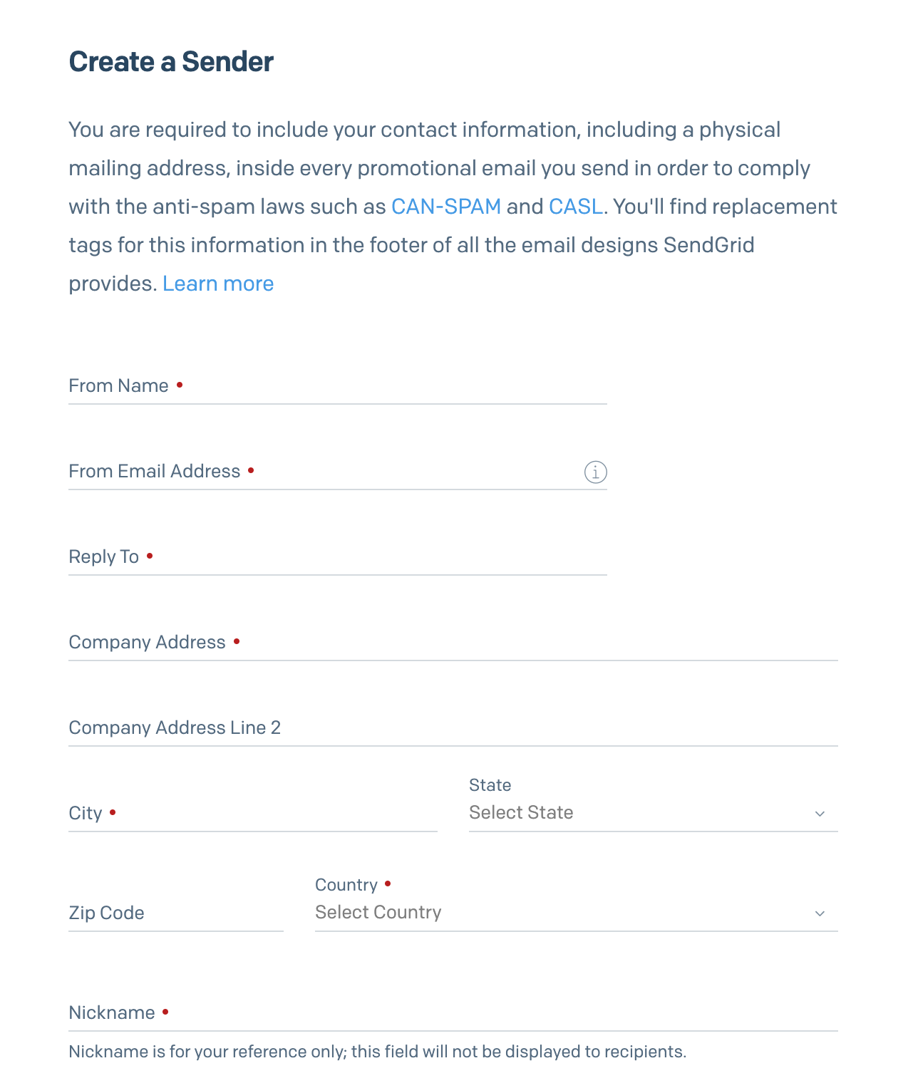 Create a SendGrid sender, step 1.