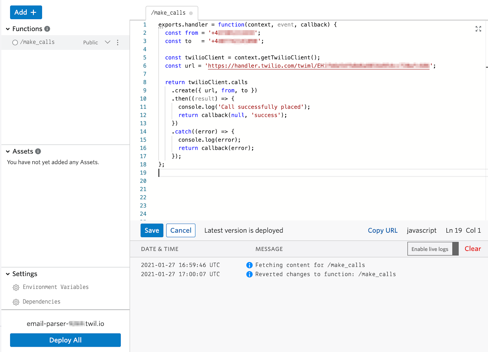 Copy Code above into Twilio Console Function editor